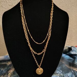 Elegant Gold Toned Layered Necklace with Round Crystal Pendant